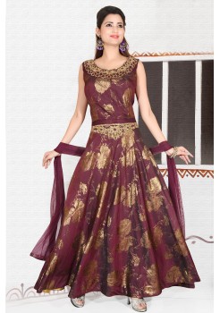 Wine Purple Soft Brocade Art Silk Gown